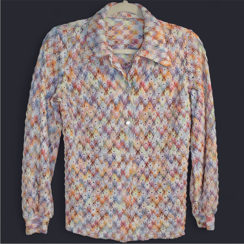 Vintage 70s Mod Flame Stitch Knit Collared Shirt - Small